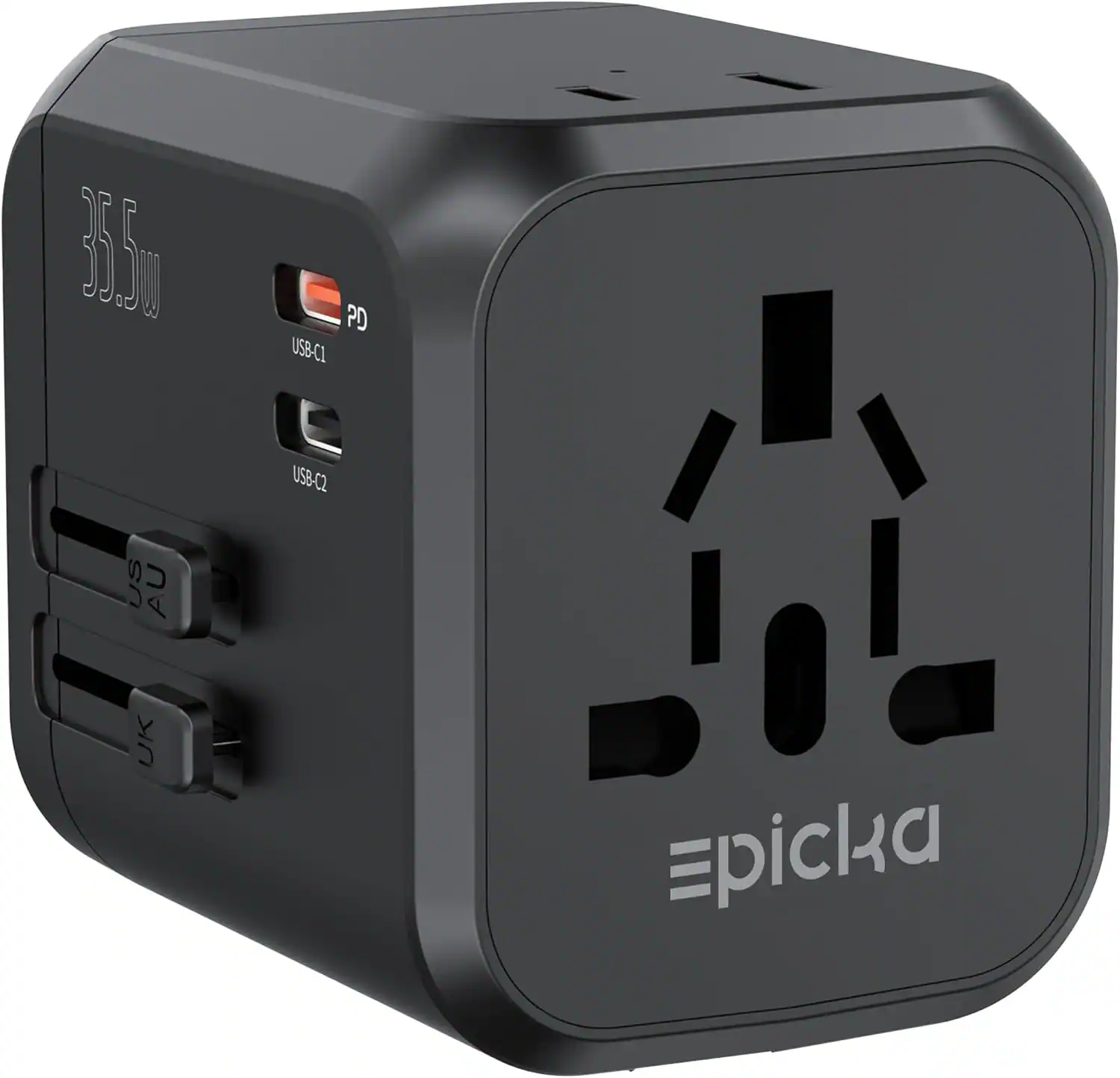 Epicka - Dual AC Outlet 35W Universal Travel Adapter with 2 USB-C PD Fast Charging & 3 USB-A (TA-205 - Black