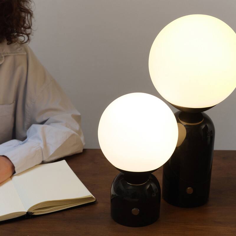 Alt View 1. Brightech - Mila Tall LED Modern Contemporary Round Globe Dimmable Bedside Nightstand Desk Lamp with Frosted White Glass Shade - Glossy Classic Black Marble.