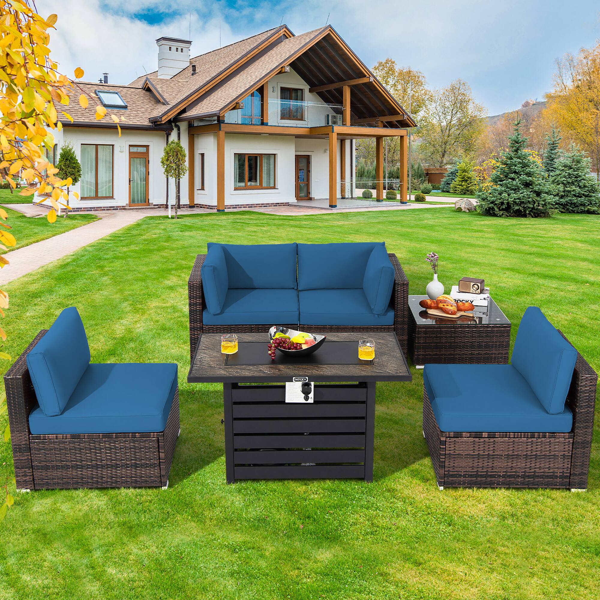 Costway - 6PCS Patio Rattan Furniture Set 42" Fire Pit Table Cover Sofa Cushion - Mix Brown/Navy