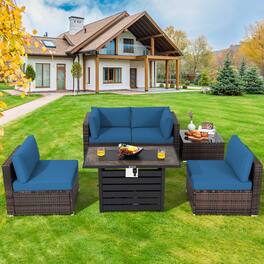 Costway - 6PCS Patio Rattan Furniture Set 42" Fire Pit Table Cover Sofa Cushion - Mix Brown/Navy