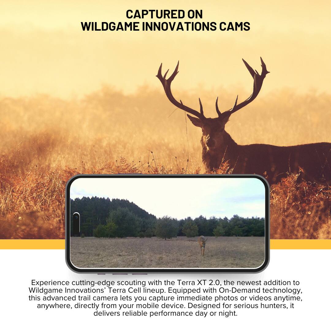 CAPTURED ON  
WILDGAME INNOVATIONS CAMS  

Experience cutting-edge scouting with the Terra XT 2.0, the newest addition to Wildgame Innovations' Terra Cell lineup. Equipped with On-Demand technology, this advanced trail camera lets you capture immediate photos or videos anytime, anywhere, directly from your mobile device. Designed for serious hunters, it delivers reliable performance day or night.