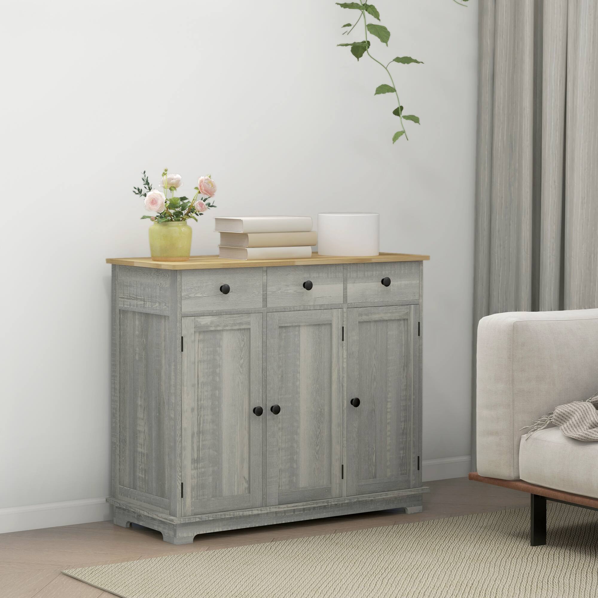 Alt View 7. Homcom - Storage Cabinet, Sideboard Floor Cupboard with Solid Wood Top, Adjustable Shelf, and 3 Drawers - Distressed Light Gray.