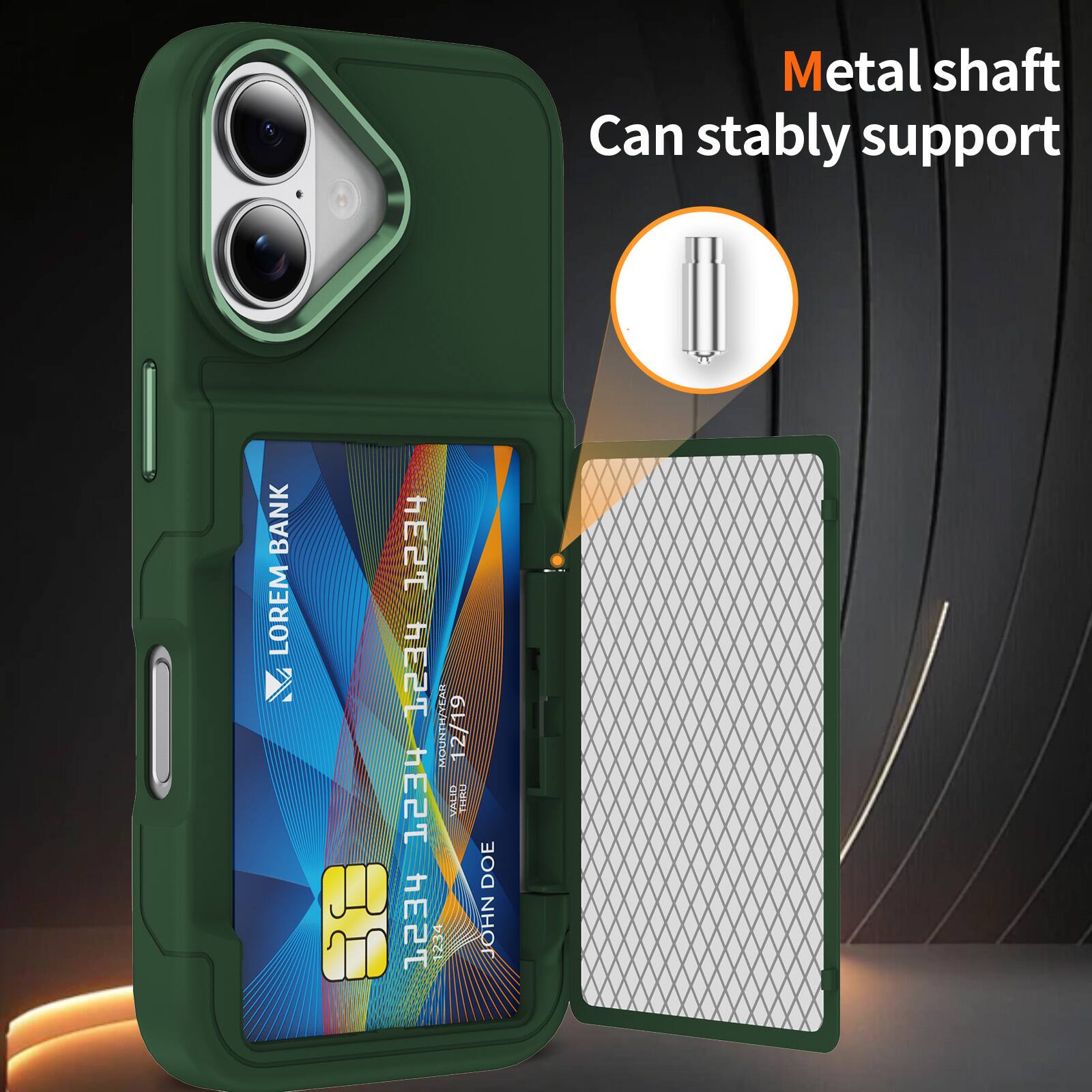 Metal shaft  
Can stably support  

LOREM BANK  
1234 5678 9012 3456  
VALID THRU 12/19  
JOHN DOE
