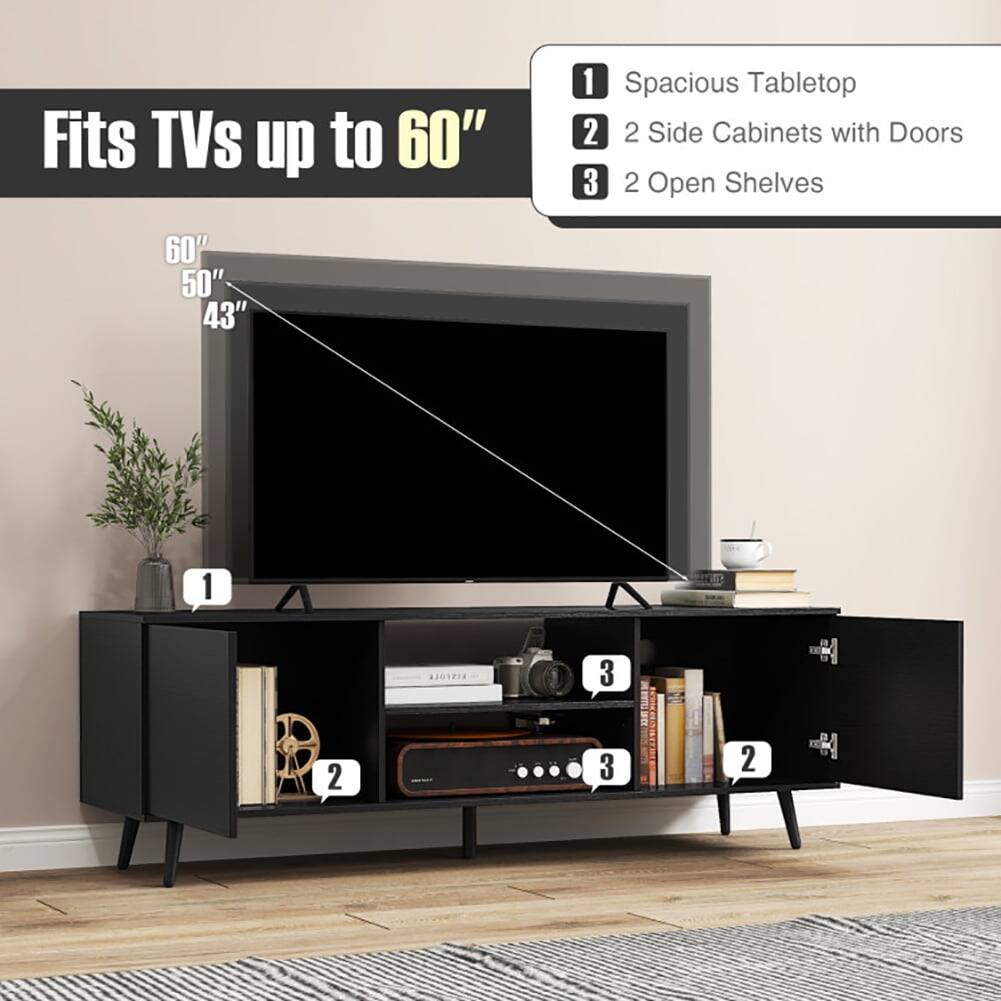 Fits TVs up to 60"

1. Spacious Tabletop
2. 2 Side Cabinets with Doors
3. 2 Open Shelves

60" 50" 43"