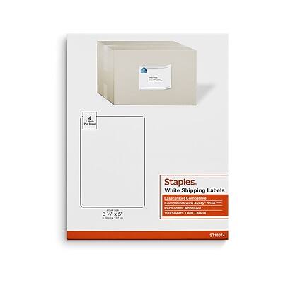 Staples
White Shipping Labels
LaserJet Compatible
Permanent Adhesive
3½ x 5
100 Sheets - 400 Labels
Compatible with Avery 5568
ST18074