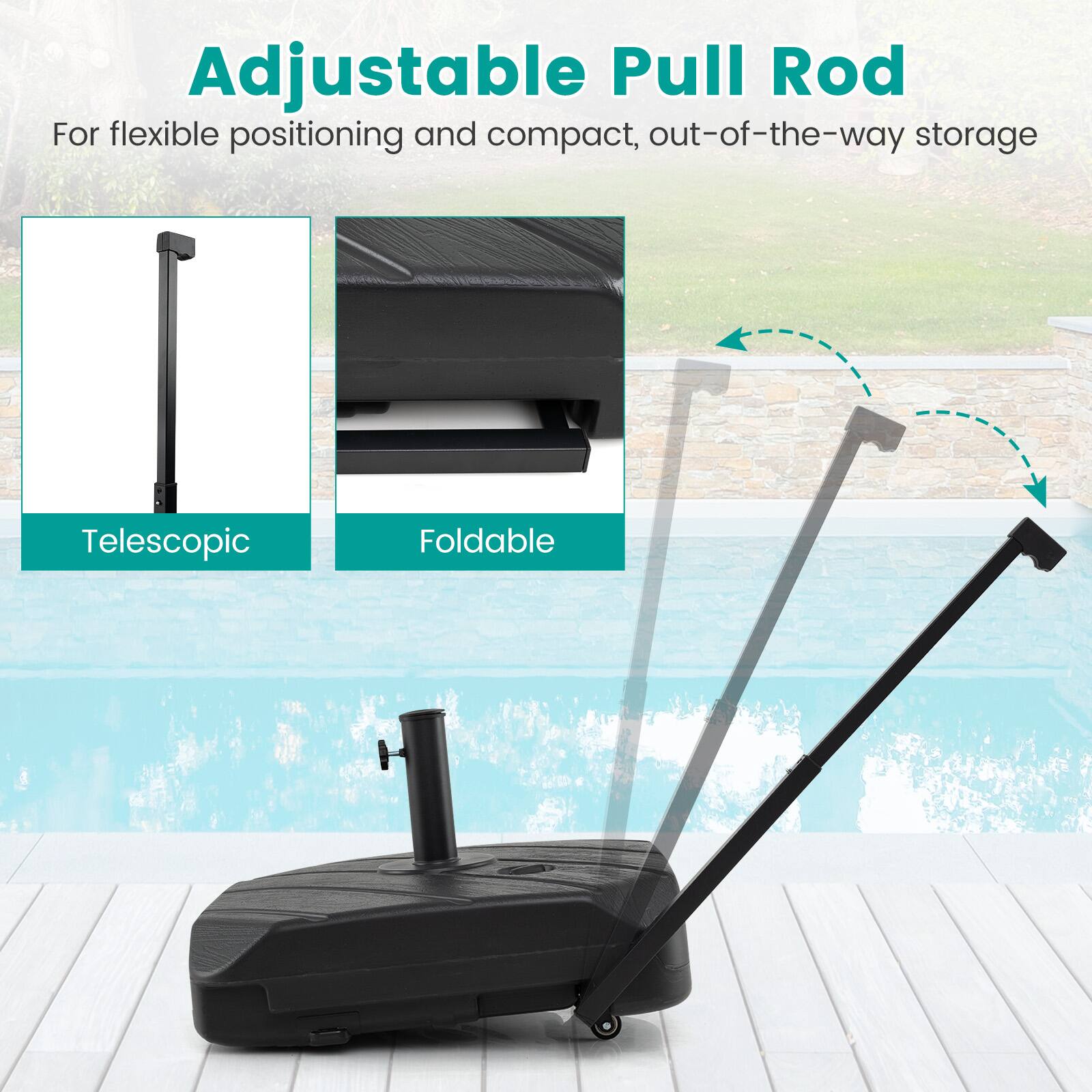 Adjustable Pull Rod  
For flexible positioning and compact, out-of-the-way storage  

Telescopic  
Foldable