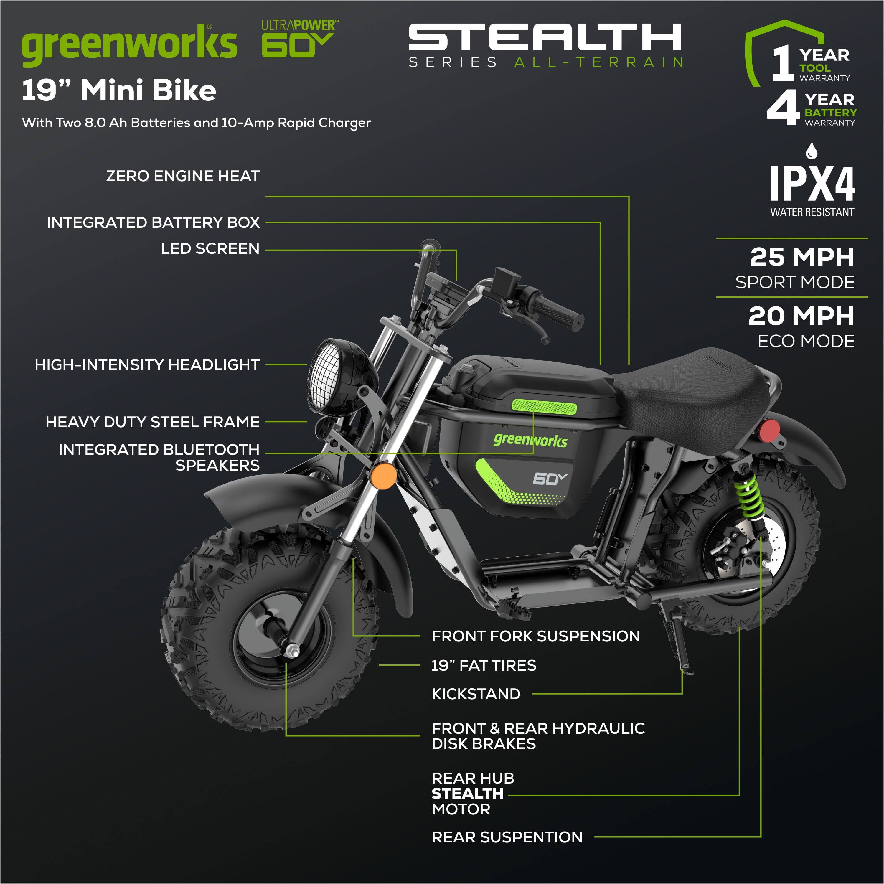 Alt View 4. Greenworks - Greenworks 60V Electric Mini Bike for Adult with (2) 8.0Ah Battery & 10A Dual Port Rapid Charger - Green.