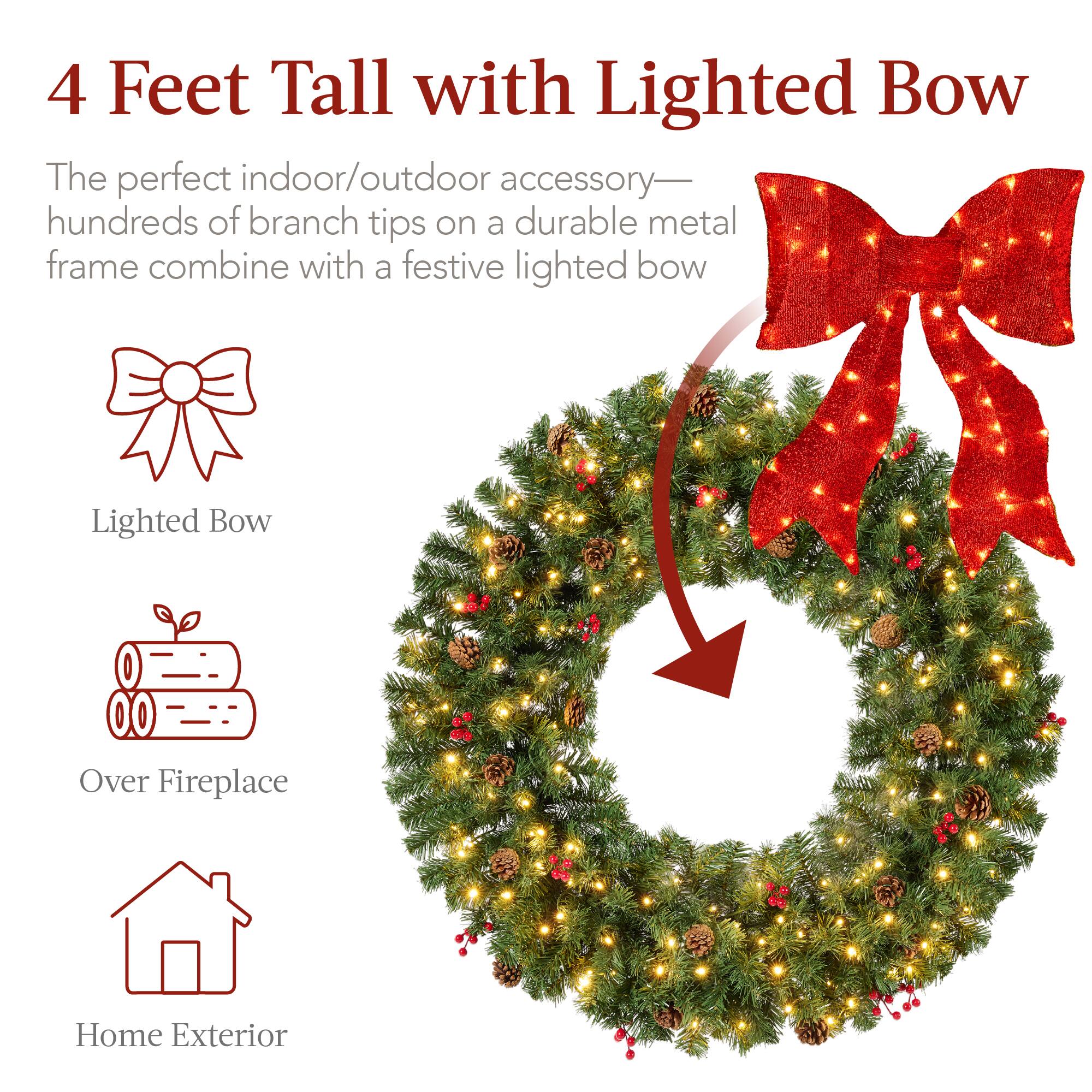 4 Feet Tall with Lighted Bow

The perfect indoor/outdoor accessory—hundreds of branch tips on a durable metal frame combine with a festive lighted bow

- Lighted Bow
- Over Fireplace
- Home Exterior
