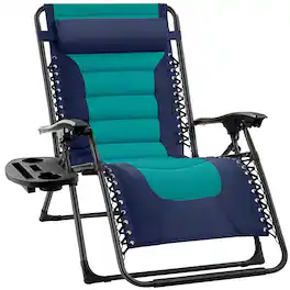Best Choice Products - Oversized Padded Zero Gravity Chair, Folding Outdoor Patio Recliner w/ Side Tray - Navy/Teal