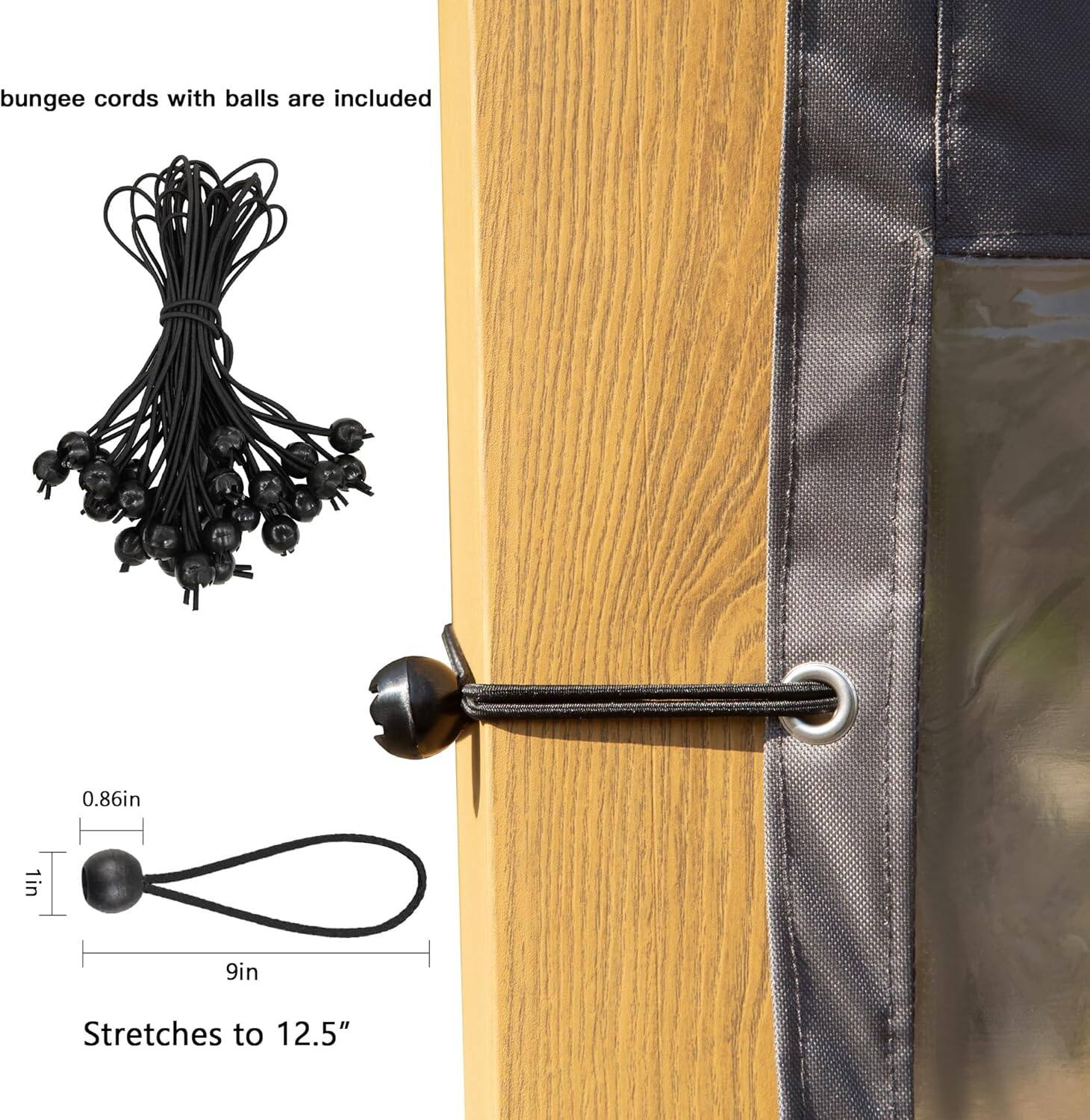 Bungee cords with balls are included

0.86in 1in 9in

Stretches to 12.5"