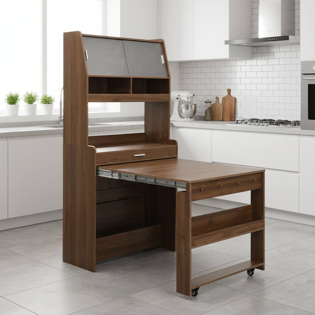 Left. Forest'nSky - 69" Tall Buffet with Hutch & Foldable Dining Table, Storage Cabinet for Small Apartments,Walnut - Walnut.