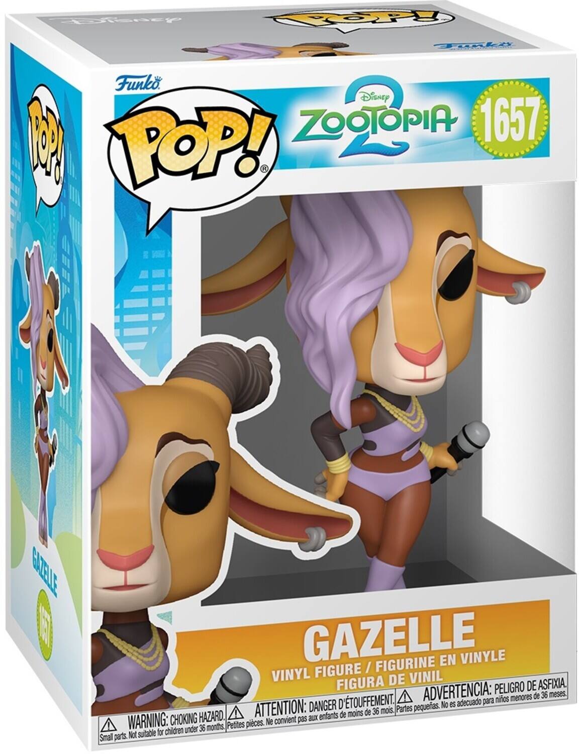 Sure, here is the corrected and grouped text from the image:

---

**Funko POP!**

**Disney Zootopia**

**1657**

**GAZELLE**

**VINYL FIGURE / FIGURINE EN VINYLE / FIGURA DE VINIL**

**WARNING: CHOKING HAZARD. Small parts. Not suitable for children under 36 months.**

**ADVERTENCIA: PELIGRO DE ASFIXIA. Piezas pequeñas. No es adecuado para niños menores de 36 meses.**

**ATTENTION: DANGER D'ÉTOUFFEMENT. Petites pièces. Ne convient pas aux enfants de moins de 36 mois.**

**Petites pièces. Ne convient pas aux enfants de moins de 36 mois.**

---

This text is grouped and corrected for clarity.