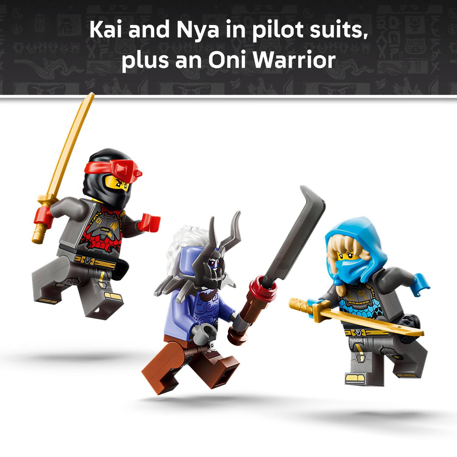 Kai and Nya in pilot suits, plus an Oni Warrior