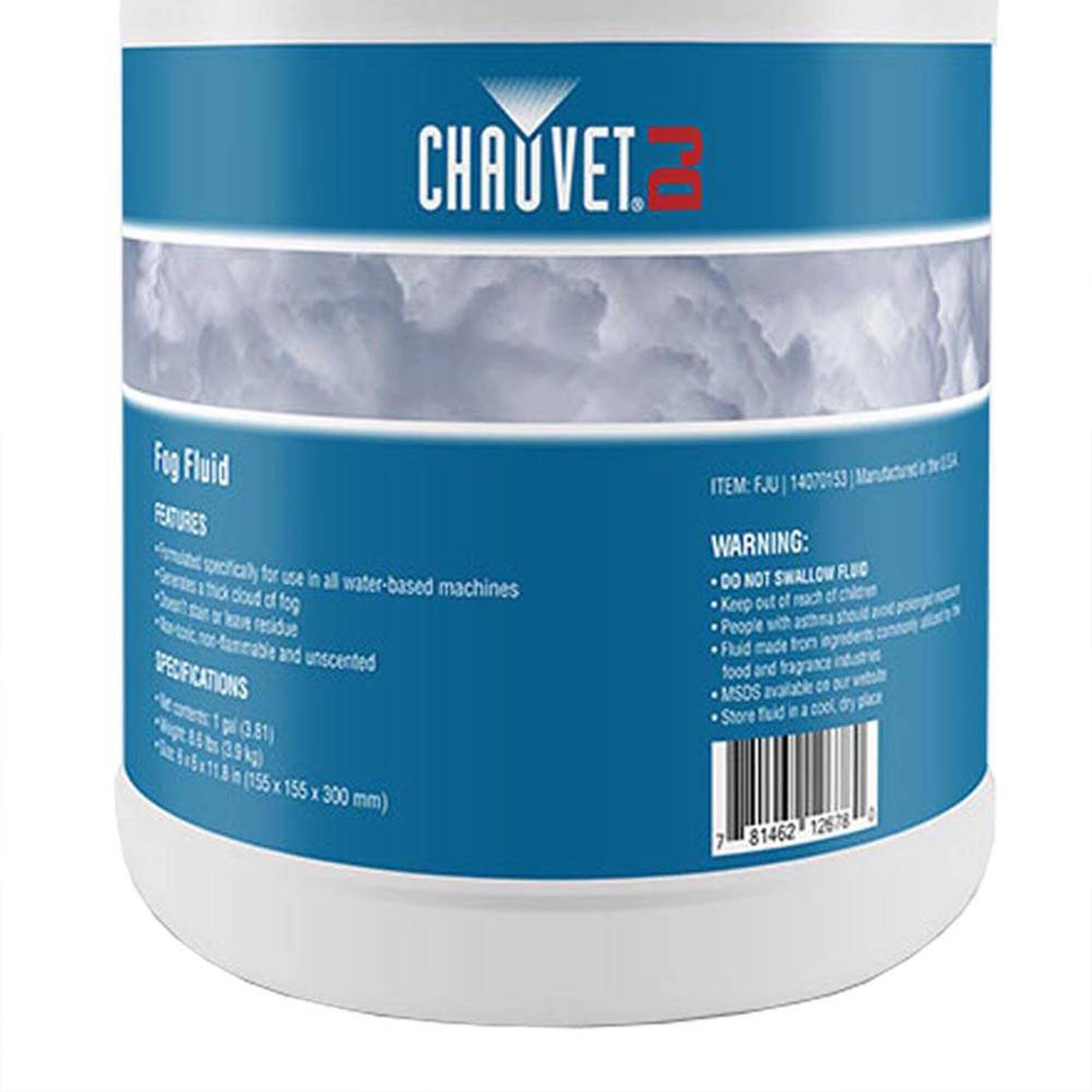 **CHAUSET 2**

**Fog Fluid**

**Features:**
- Specifically designed for use in all water-based fog machines
- Creates a thick cloud of fog
- Leaves no residue
- Non-toxic and unscented

**Specifications:**
- Net weight: 1 gal (3.78 L)
- Net weight: 8.5 lbs (3.85 kg)
- Dimensions: 11.5" x 11.5" x 300 mm

**Warning:**
- Do not swallow fluid
- Keep out of reach of children
- People with asthma should avoid inhaling fog
- Fluid made from ingredients and fragrance ingredients
- MSOS available on our website
- Store fluid in a cool, dry place

**Item: FJU 14070153**

**Manufactured in the USA**

**Barcode: 81462 12678 0**