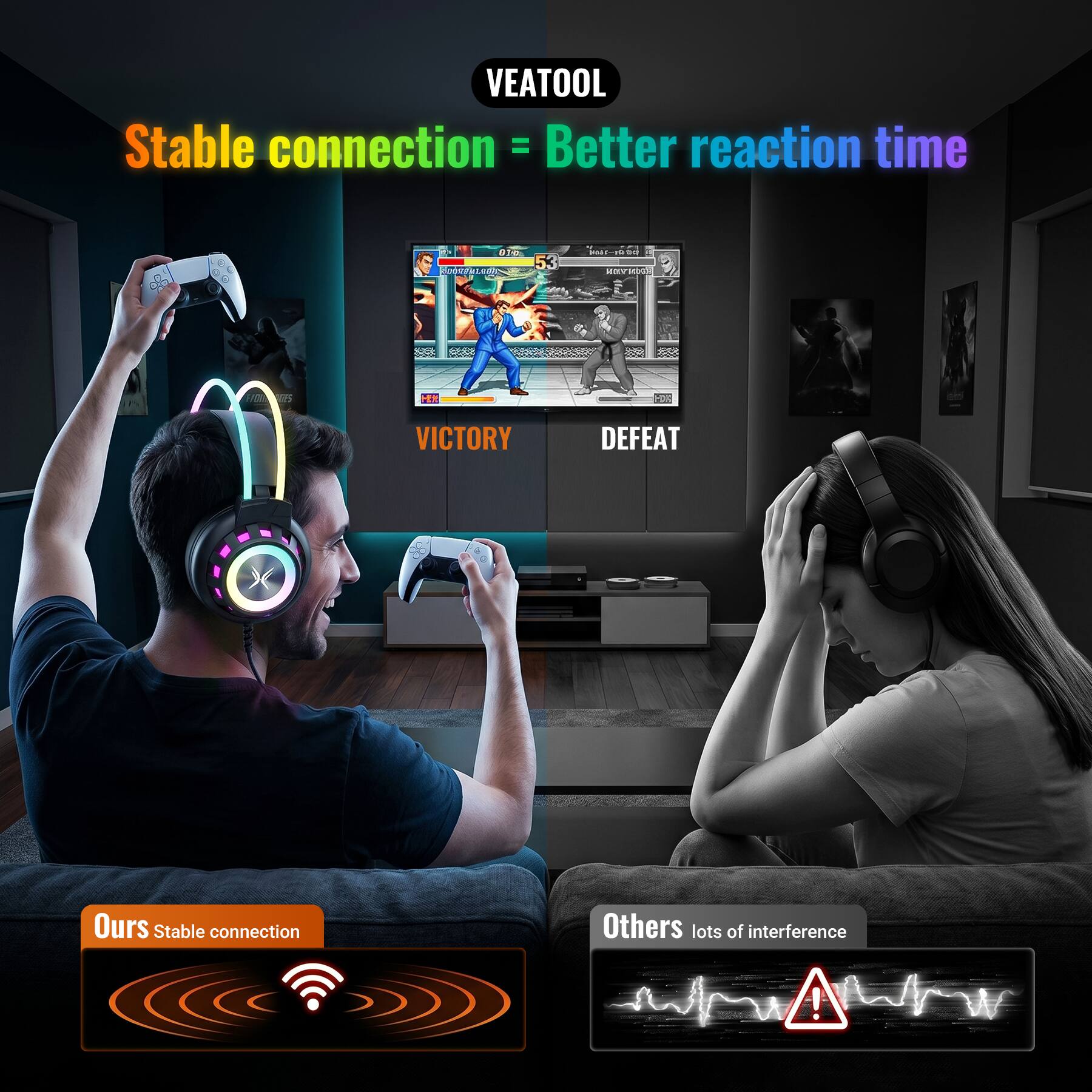 VEATOOL  
Stable connection = Better reaction time

01 ROOTTBLOGY  
53  
= www.foed MOVIDER  
GES

VICTORY  
DEFEAT

Ours Stable connection  
Others lots of interference