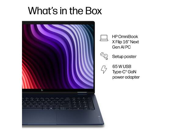 What's in the Box

HP OmniBook X Flip 16" Next Gen AI PC

Setup poster

65 W USB Type-C* GaN power adapter