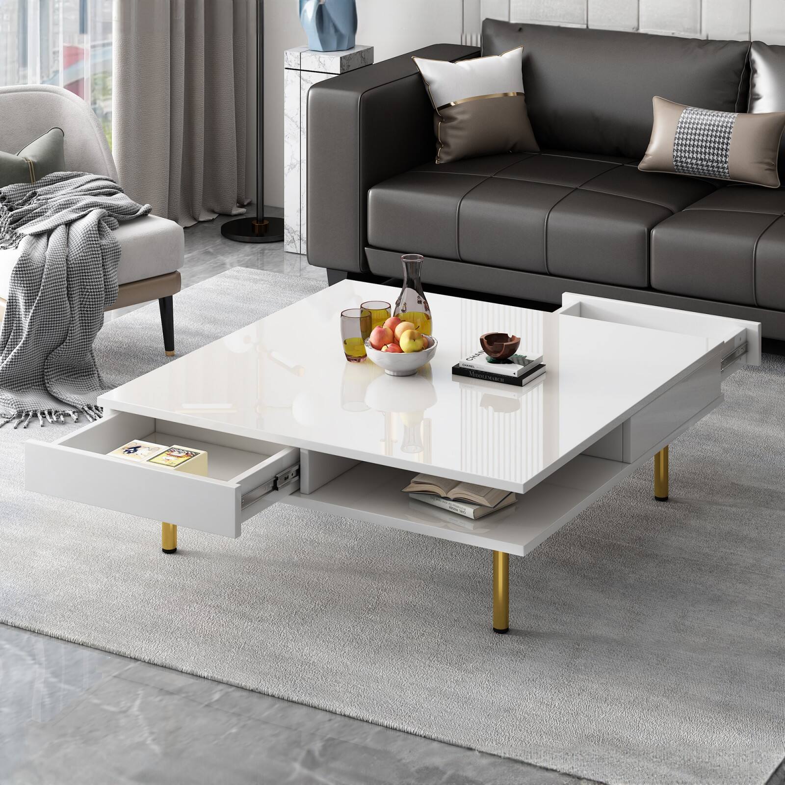 Alt View 1. Ecooso - Exquisite High Gloss Coffee Table with 4 Golden Legs and 2 Small Drawers, 2-Tier Square Center Table for Living Room - White.