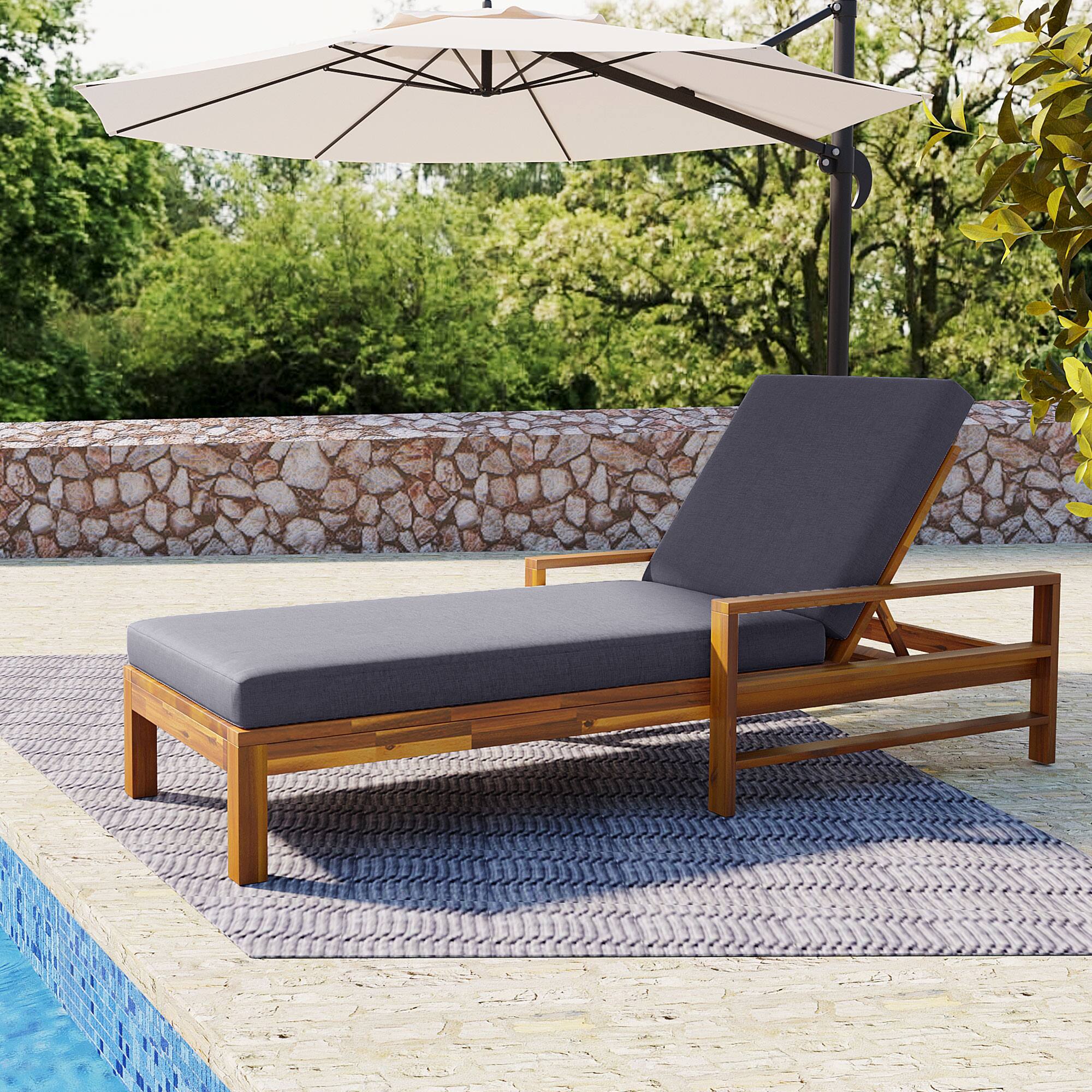 Angle. Mondawe - Acacia Wood Adjustable Backrest Outdoor Lounge Chair - Natural+Grey.