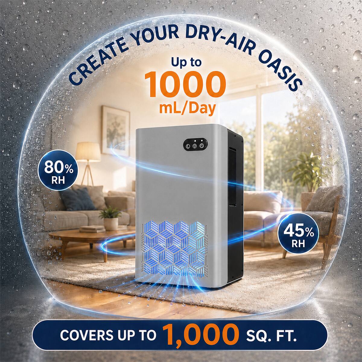 Create your dry-air oasis up to 1000 mL/Day  
80% RH  
45% RH  
Covers up to 1,000 SQ. FT.