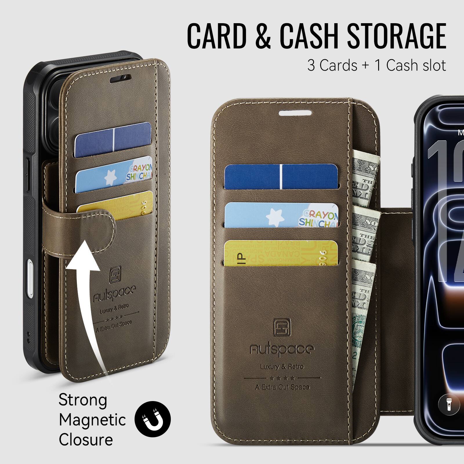CARD & CASH STORAGE  
3 Cards + 1 Cash slot  

RAYON SHICH Aulspace Hatro Uay 3 * + Ost Soooa R EX "T'II CRAYON SHIN CH THE ONYEGHION Vad HIDS TONTIOS MOROO P CANADA SP AVHONINGS 906 TTIE 12T nutspace 2 Luxury & Retro M 1 i Strong Magnetic Closure A Extra Out Space  

Strong Magnetic Closure