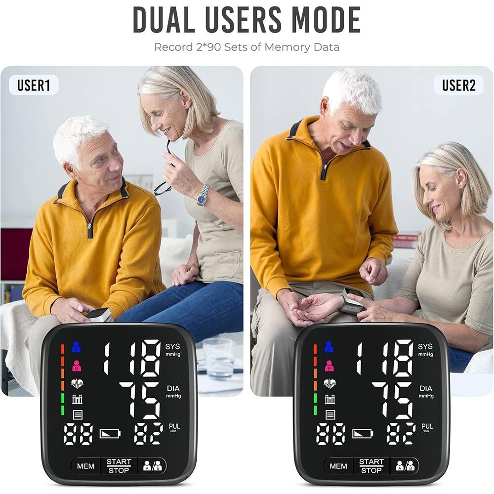 DUAL USERS MODE  
Record 2*90 Sets of Memory Data  

USER1  
SYS 118 mmHg  
DIA 75 mmHg  
PUL 88  
MEM START STOP  

USER2  
SYS 118 mmHg  
DIA 75 mmHg  
PUL 82  
MEM START STOP
