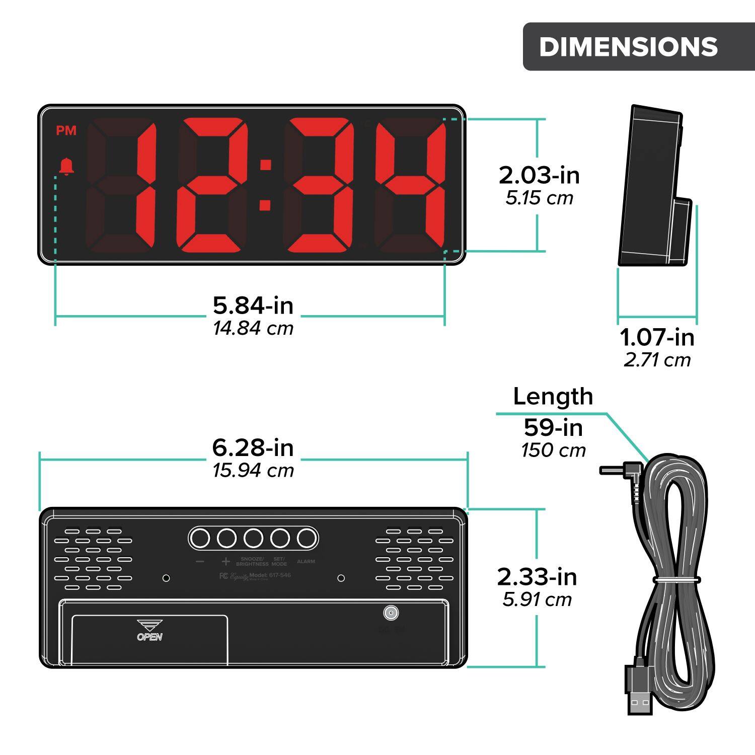 DIMENSIONS

- 2.03-in (5.15 cm)
- 5.84-in (14.84 cm)
- 1.07-in (2.71 cm)
- 6.28-in (15.94 cm)
- Length: 59-in (150 cm)

- 2.33-in (5.91 cm)

CSINEss - C Modes a056s

OPEN
