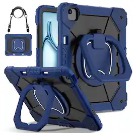 Dteck - Case for Apple iPad Air 13-inch M4 (2026)/M3 (2025) / M2 (2024), 3-Layer Rugged Kickstand Handle Grip Cover+Strap - Navyblue Black