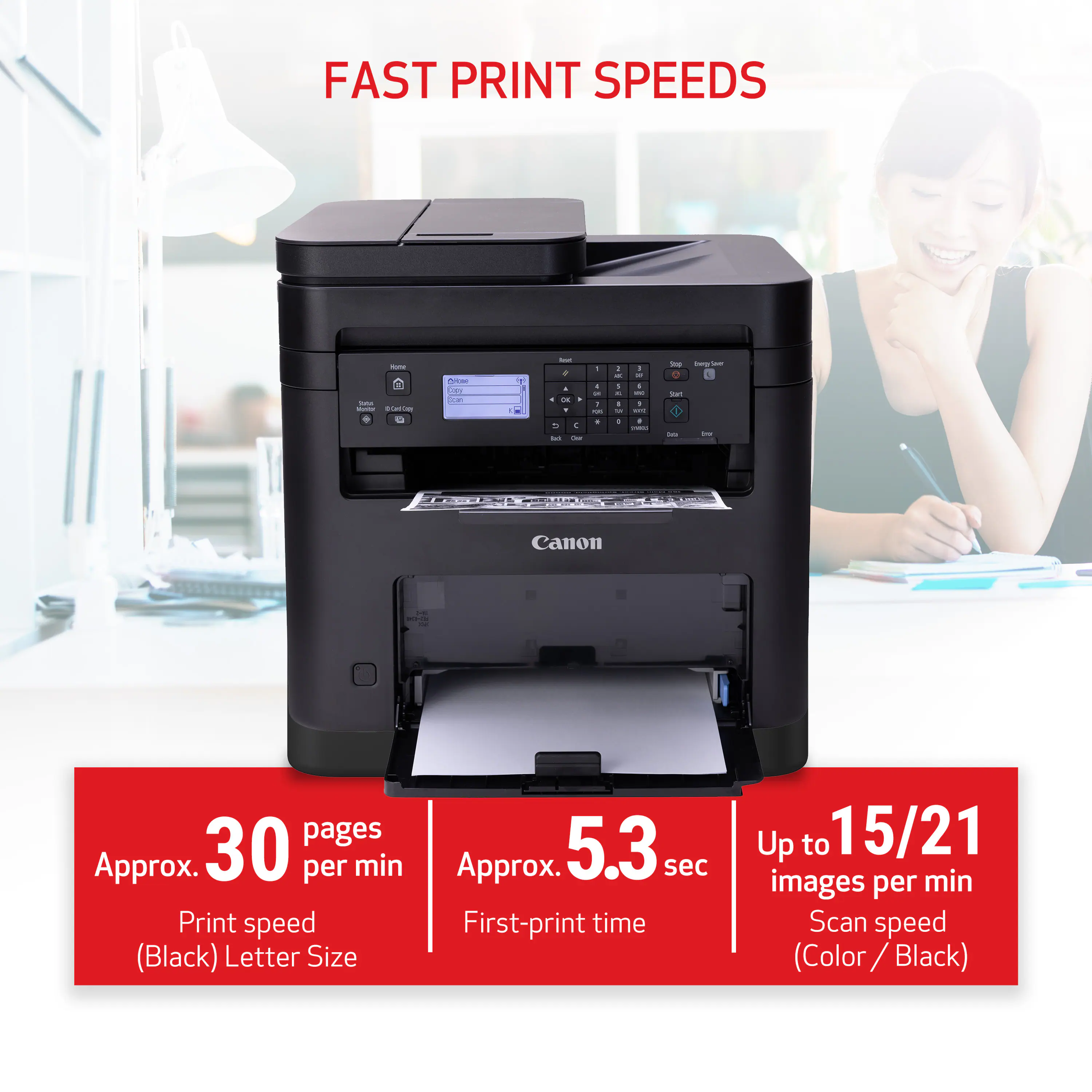 FAST PRINT SPEEDS

Canon

Approx. 30 pages per min Print speed (Black) Letter Size
Approx. 5.3 sec First-print time
Up to 15/21 images per min Scan speed (Color / Black)