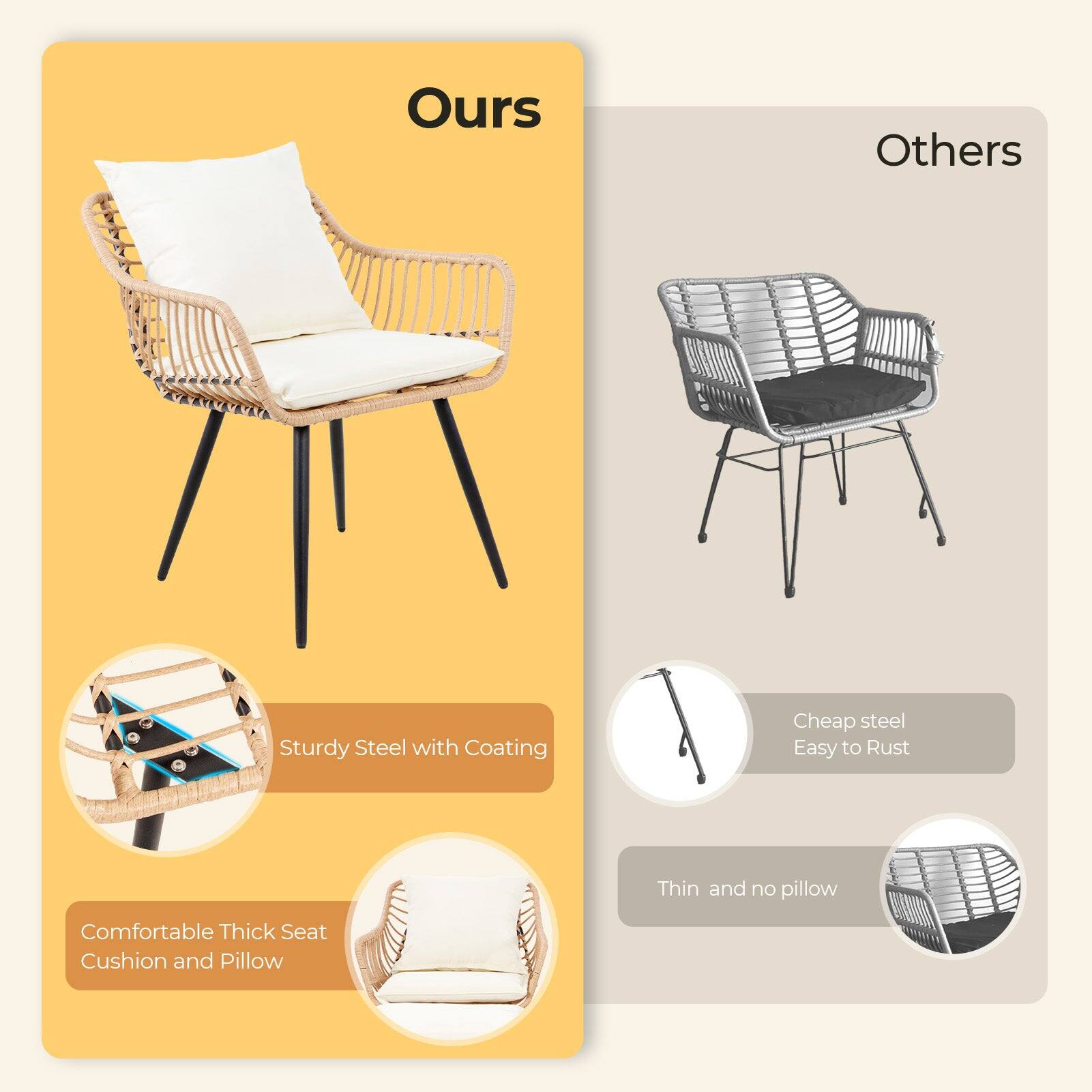 Ours  
- Sturdy Steel with Coating  
- Comfortable Thick Seat Cushion and Pillow  

Others  
- Cheap steel  
- Easy to Rust  
- Thin and no pillow