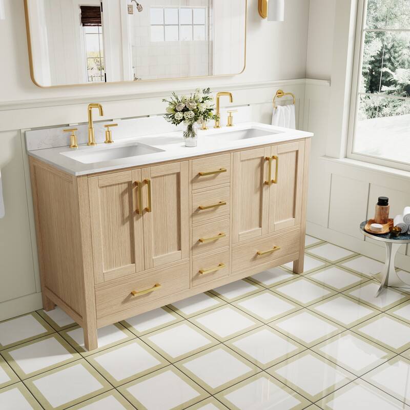 Left. WELLFOR - 60 in Bathroom Vanity with Double Sink, Freestanding Solid Wood Bathroom Cabinet with Soft-Close 4 Doors& 6 Drawers - Oak.