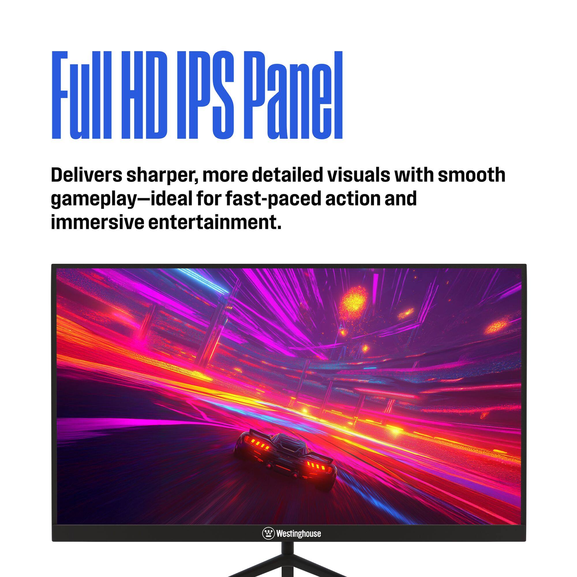 The text on the image reads "Full HD IPS Panel Delivers sharper, more detailed visuals with smooth gameplay-ideal for fast-paced action and immersive entertainment." This text is about a display technology called Full HD IPS Panel, which provides better visual quality and smooth gameplay for fast-paced action and immersive entertainment. The brand mentioned in the text is Westinghouse.
