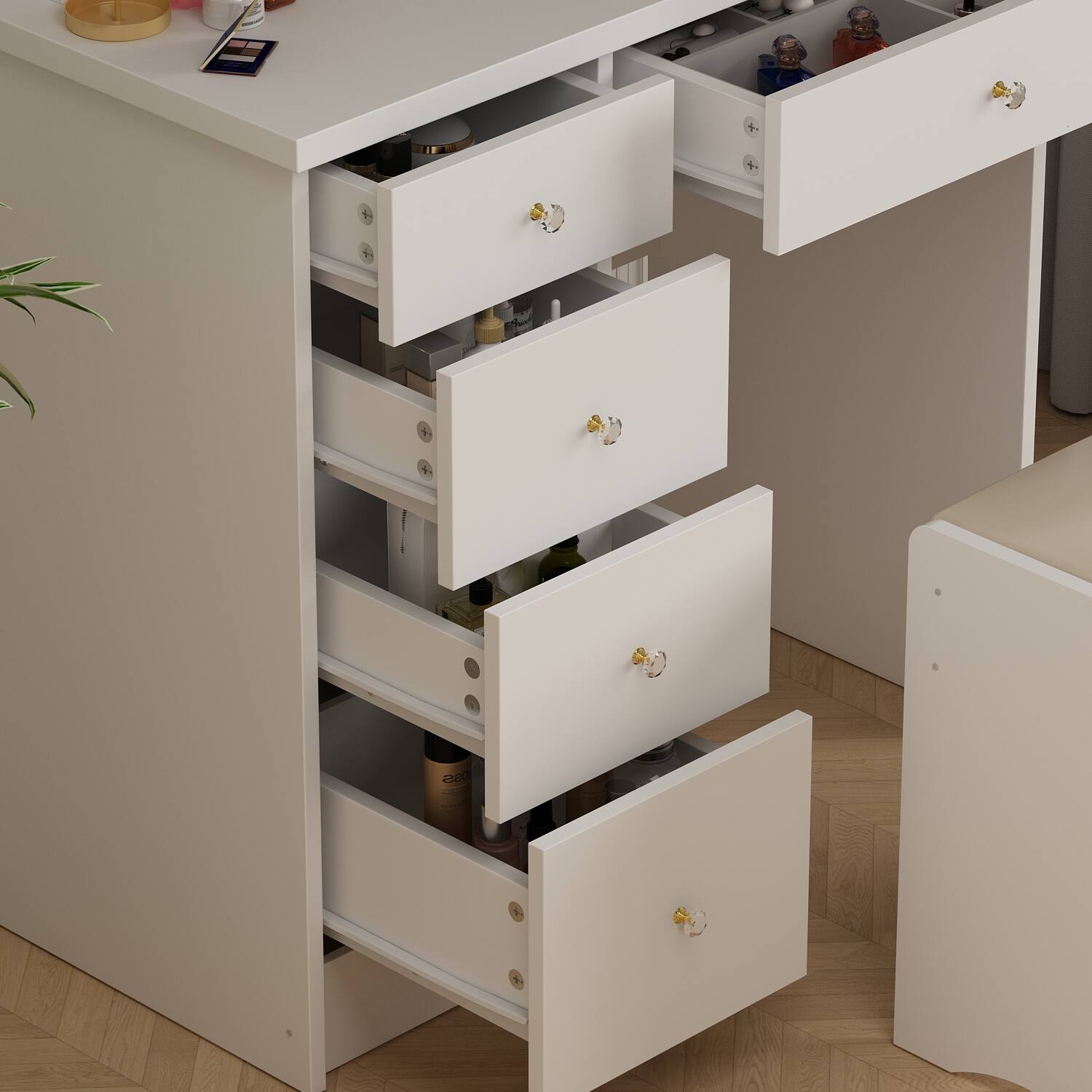 Alt View 8. Famapy - Vanity Table with LED Mirror, Storage Drawers & Stool – Makeup Vanity Organizer for Bedroom, Space-Saving Design - White.