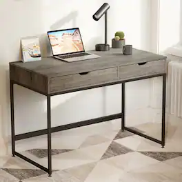 Bestier - 43-Inch Modern Writing Desk with 2 Drawers Compact Study, Office & Vanity Desk for Small Spaces Easy Assembly - Gray