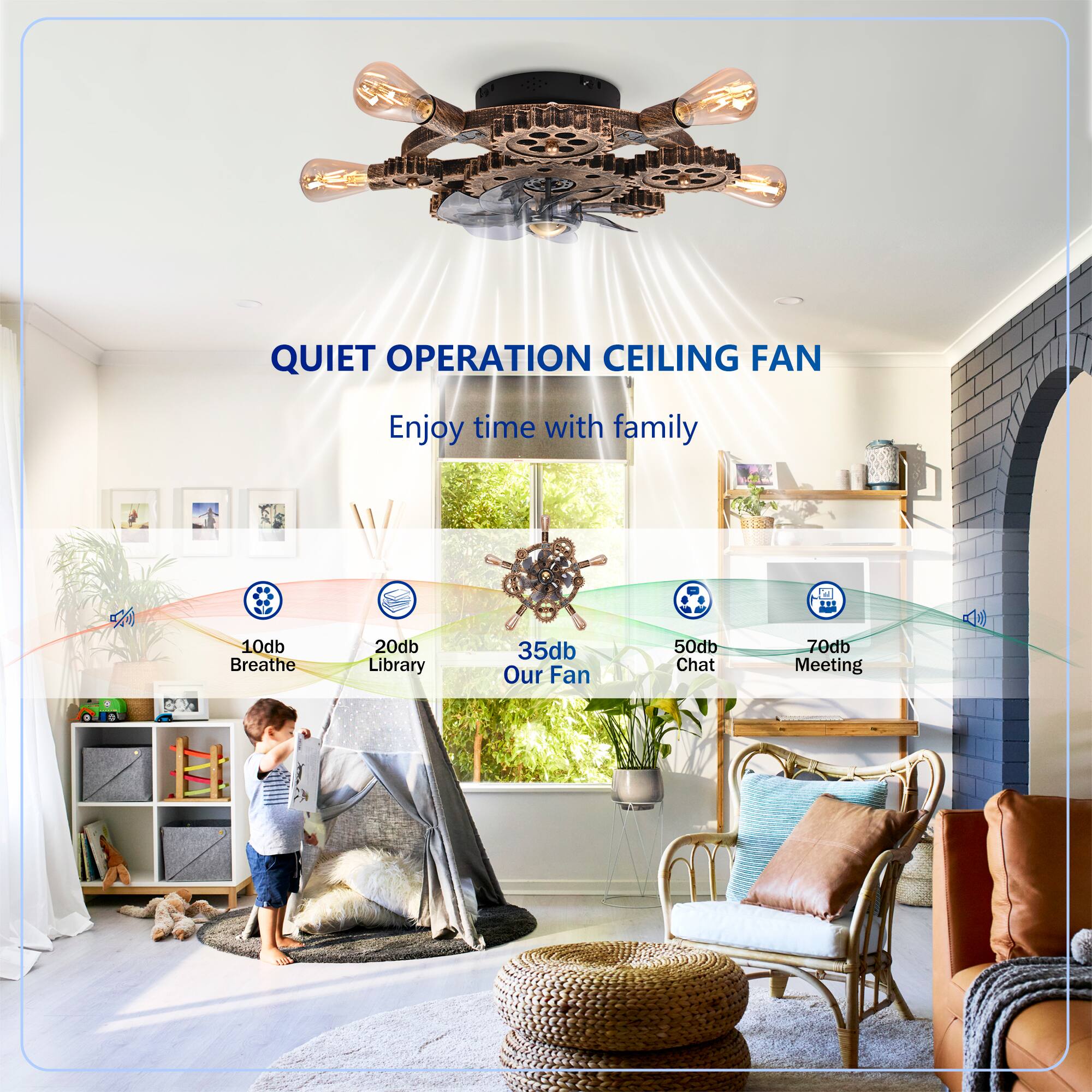QUIET OPERATION CEILING FAN  
Enjoy time with family  

10db Breathe  
20db Library  
35db Our Fan  
50db Chat  
70db Meeting