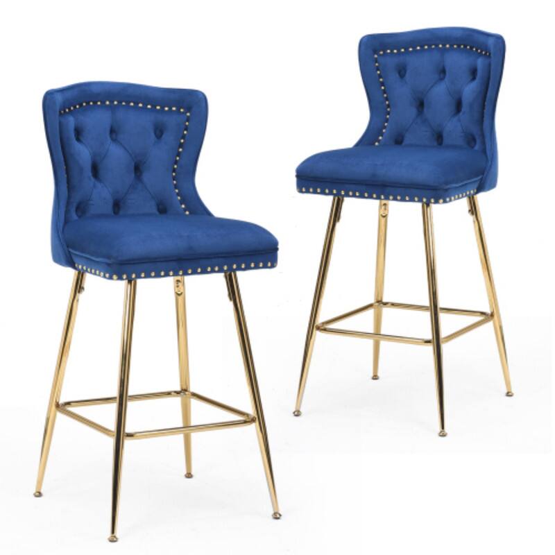 Alt View 1. HTUTWOO - Set of 2 Velvet Counter Bar Stools, with Button Tufted & Nailhead Trim, Metal Legs for Kitchen Island, Dining Room & Pub - Blue.