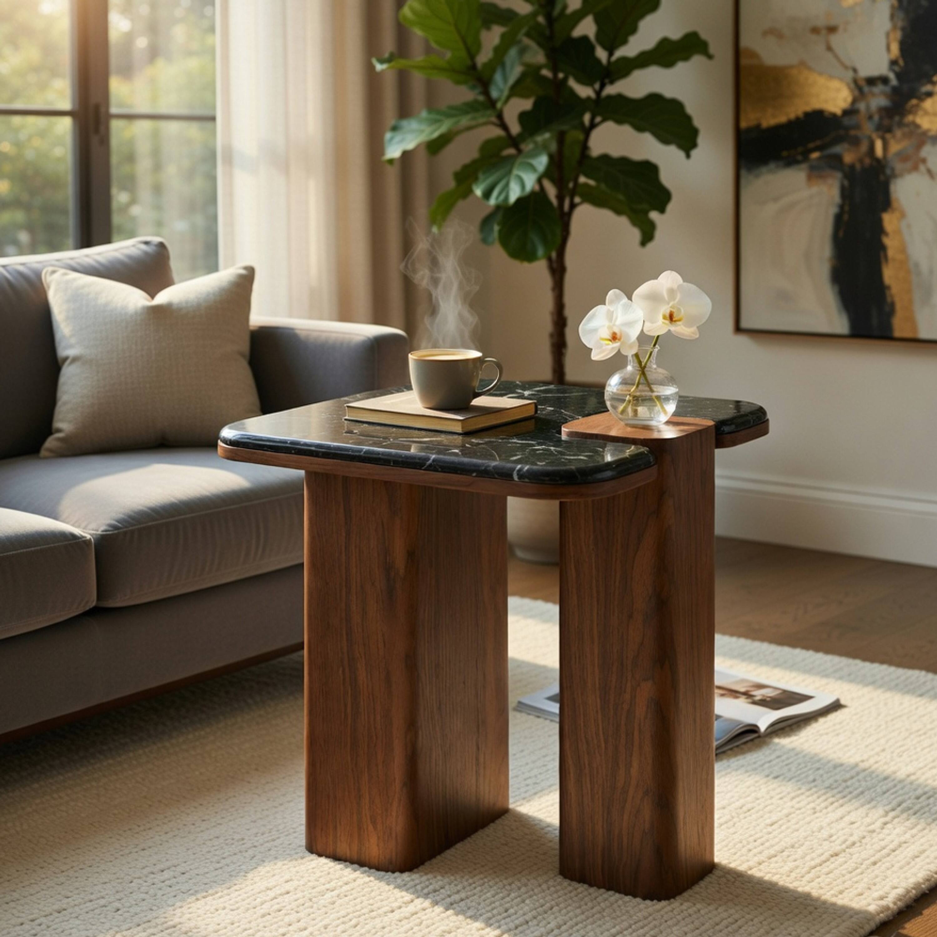 Alt View 7. Manhattan Lane - Pima Side End Table, 16 Inch Black Marble Top, Dark Walnut Brown Base - Black, Walnut Brown.