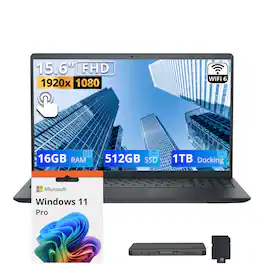 Dell - Upgraded - 15.6" FHD Touch Laptop,Intel Core i5-1334U,16GB DDR5,512GB SSD+1TB Dock Set,Numeric Keypad,Win 11 Pro - Carbon Black