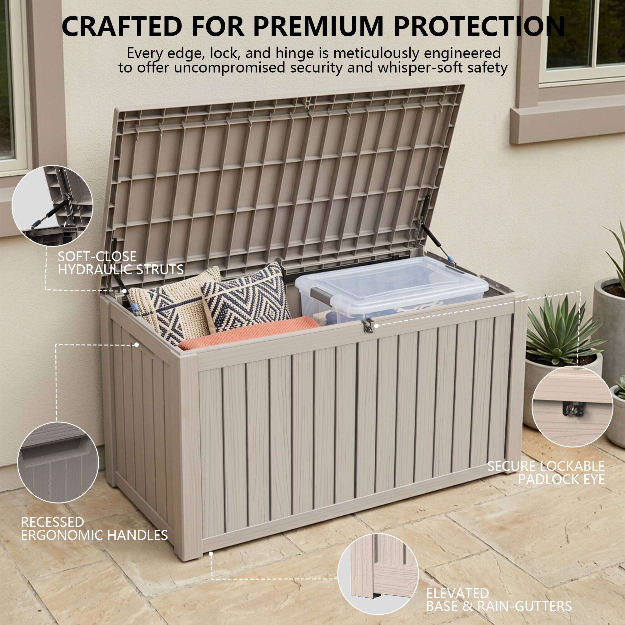 CRAFTED FOR PREMIUM PROTECTION

Every edge, lock, and hinge is meticulously engineered to offer uncompromised security and whisper-soft safety

- SOFT-CLOSE HYDRAULIC STRUTS
- SECURE LOCKABLE PADLOCK EYE
- RECESSED ERGONOMIC HANDLES
- ELEVATED BASE & RAIN-GUTTERS
