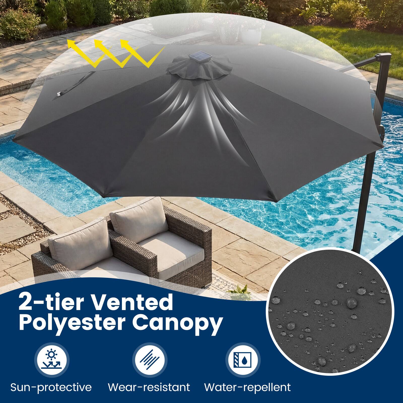 2-tier Vented Polyester Canopy  
Sun-protective  
Wear-resistant  
Water-repellent