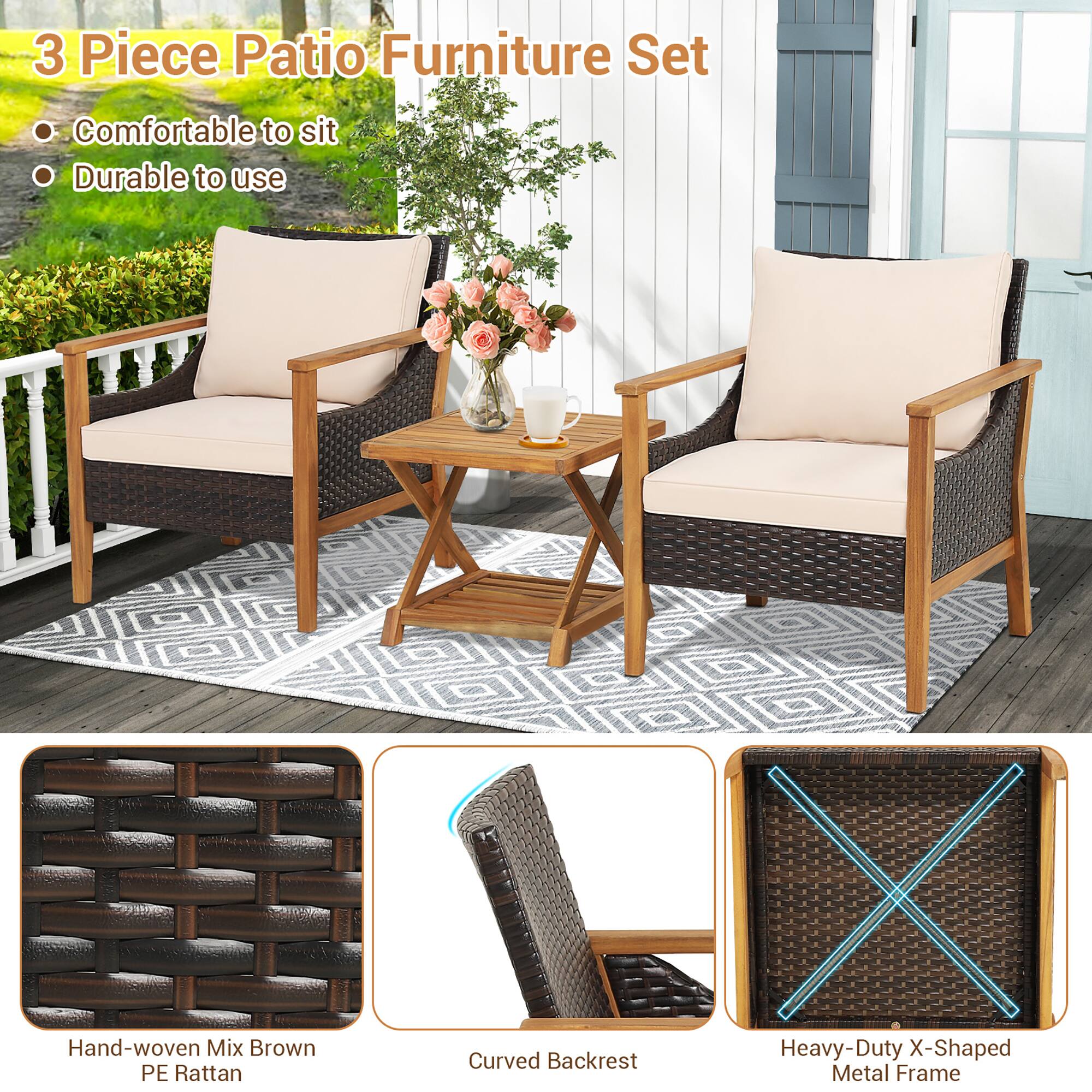 3 Piece Patio Furniture Set

Comfortable to sit
Durable to use
Hand-woven Mix Brown PE Rattan
Curved Backrest
Heavy-Duty X-Shaped Metal Frame