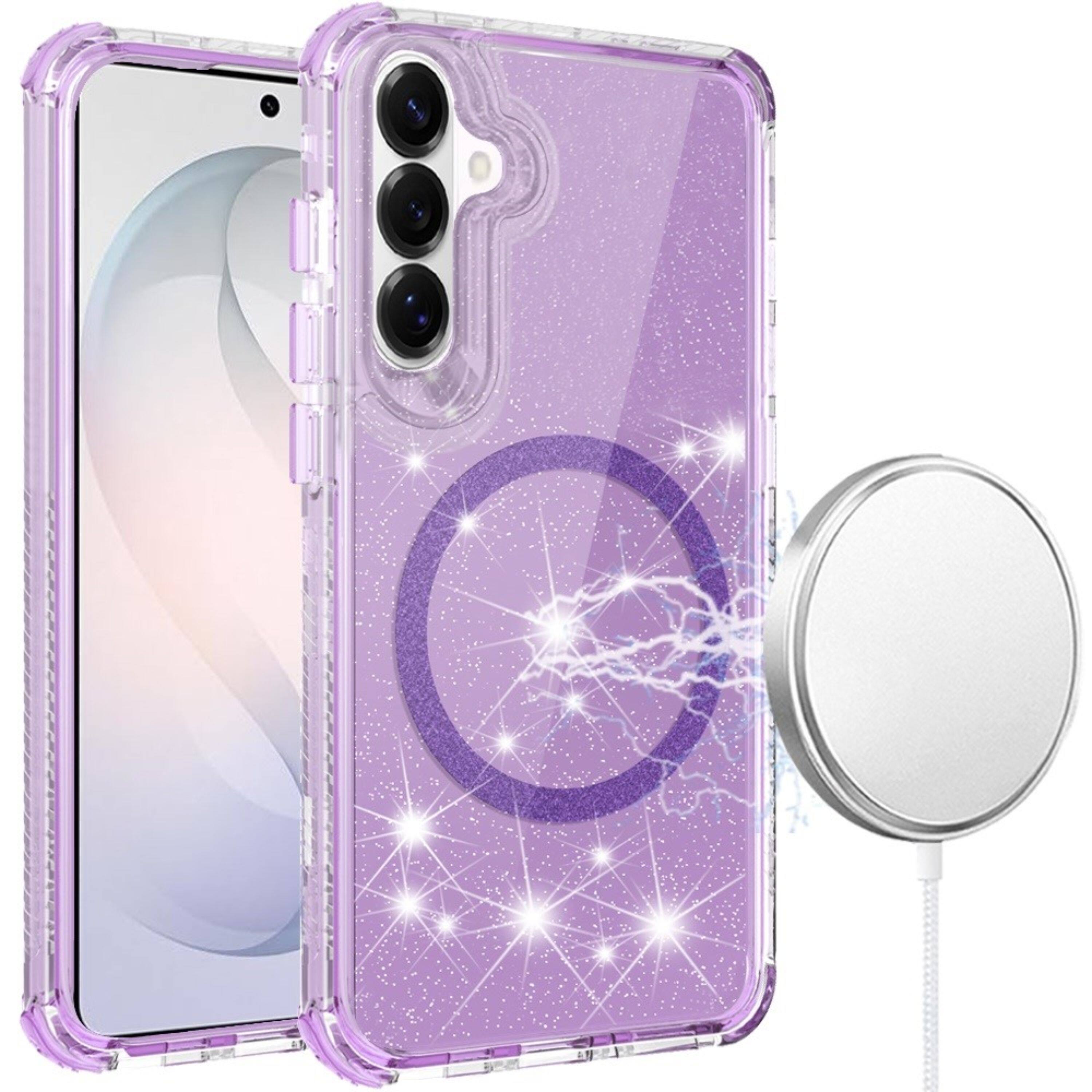 Angle. Kitcheniva - Glitter Magnetic Shockproof Case With Tempered Glass For Samsung S26 6.3" Purple - Purple.