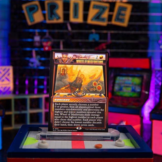 PRIZE 2 WHEEL OF MISFORTUNE SORCERY

Each player secretly chooses a number 0 or greater, then all players reveal those numbers simultaneously and determine the highest and lowest numbers revealed this way. Wheel of Misfortune deals damage equal to the highest number to each player who chose that number. Each player who didn't choose the lowest number discards their hand, then draws seven cards.

1959 BLO EN SVCE