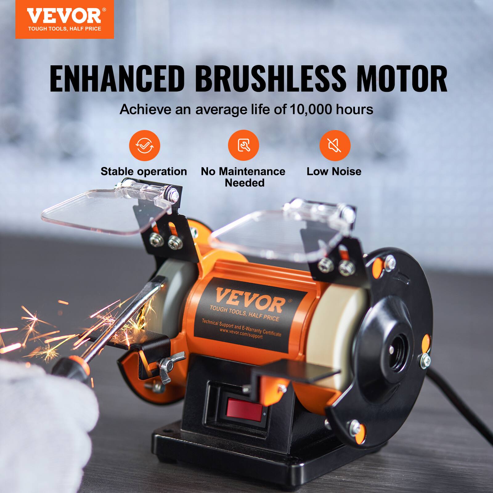 VEVOR  
TOUGH TOOLS, HALF PRICE

ENHANCED BRUSHLESS MOTOR  
Achieve an average life of 10,000 hours

- Stable operation
- No Maintenance Needed
- Low Noise

VEVOR  
TOUGH TOOLS, HALF PRICE  
Technical Support and E-Warranty Certificate support  
www.vevor.com