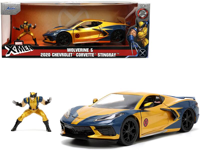 Jada - 2020 Chevrolet Corvette C8 Stingray Gold Dark Blue w/ Wolverine Figurine X-Men Marvel Hollywood Rides 1/24 Diecast - Gold Metallic And Dark Blue