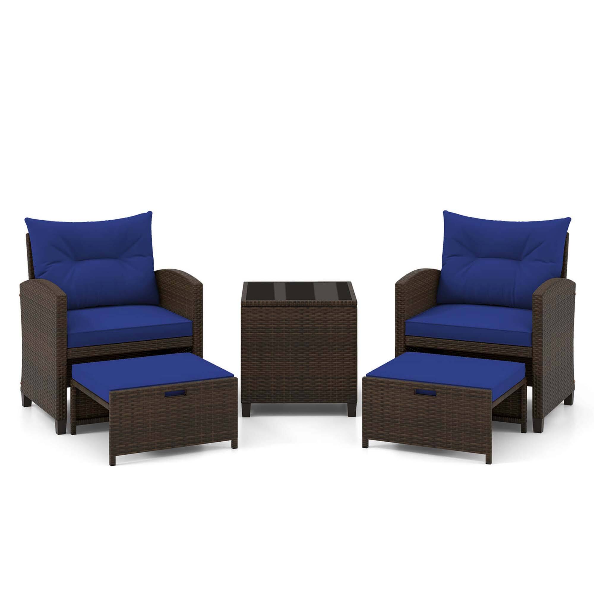Alt View 3. Gymax - Gymax 5 PCS Rattan Furniture w/ & Tempered Glass & 2 Ottomans Coffee Table Patio Navy - Navy.