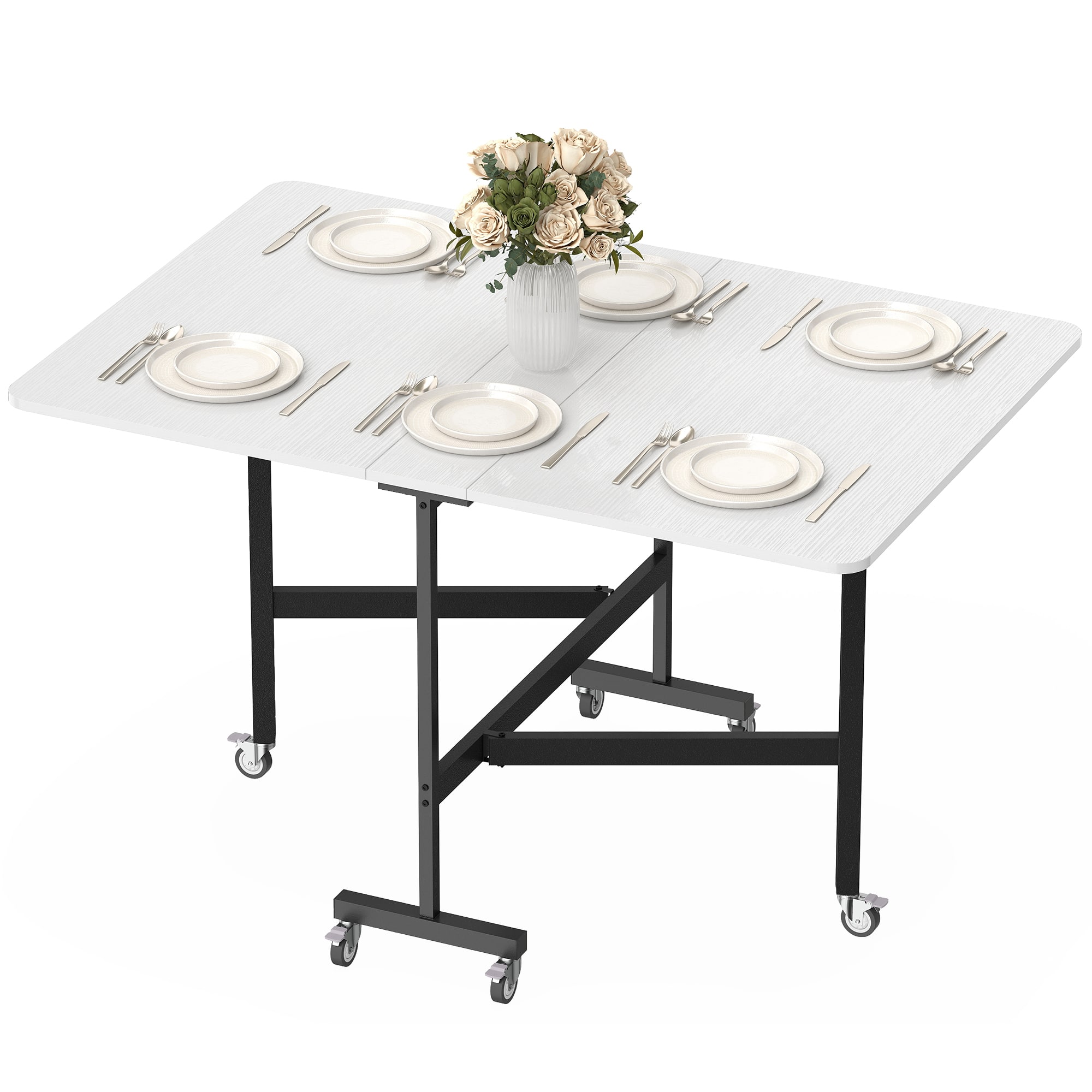 Homcom - Table for Small Spaces, Extendable Kitchen Table with 6 Smooth Wheels & Brakes - White