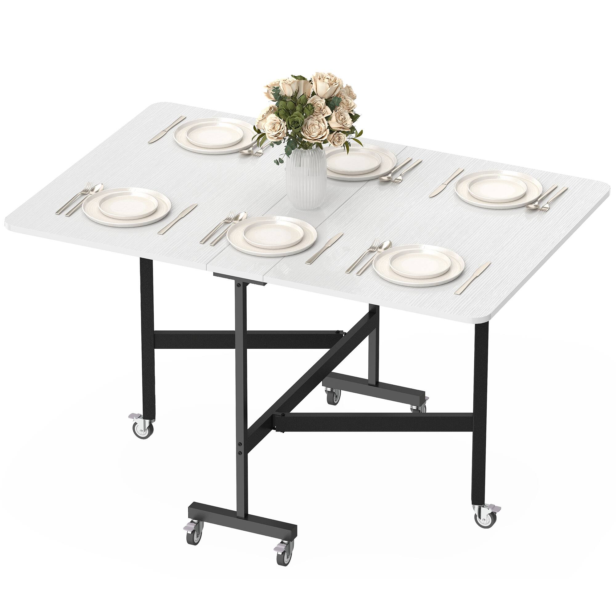 Front. Homcom - Table for Small Spaces, Extendable Kitchen Table with 6 Smooth Wheels & Brakes - White.
