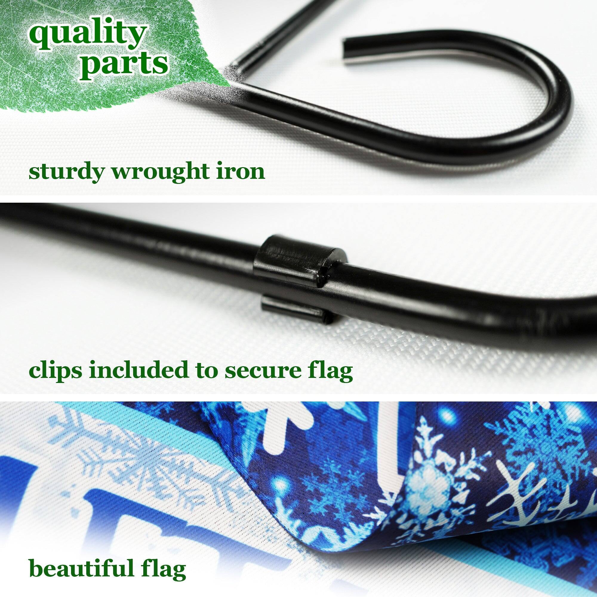 quality parts  
sturdy wrought iron  
clips included to secure flag  
beautiful flag
