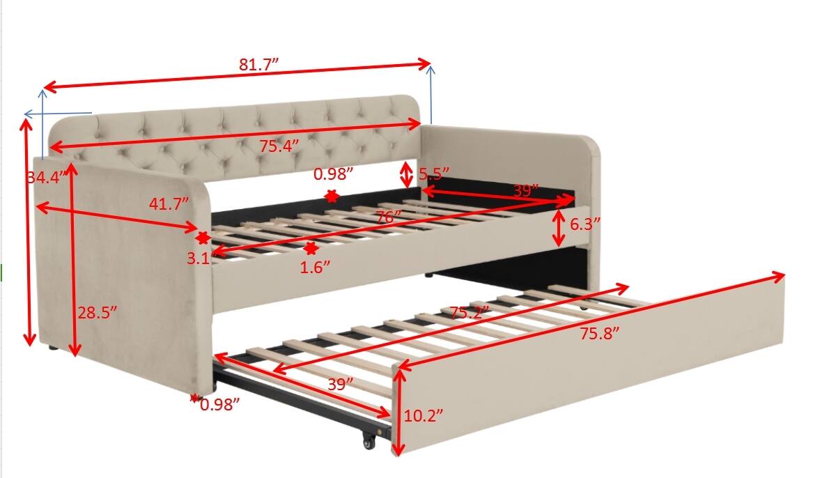 Sure, here is the corrected and grouped text from the image:

- **Width:** 81.7"
- **Height:** 34.4"
- **Depth:** 41.7"
- **Headboard Height:** 75.4"
- **Headboard Thickness:** 0.98"
- **Seat Height:** 5.5"
- **Seat Depth:** 76"
- **Seat Width:** 39"
- **Seat Thickness:** 6.3"
- **Leg Width:** 3.1"
- **Leg Height:** 1.6"
- **Leg Thickness:** 0.98"
- **Base Width:** 75.8"
- **Base Depth:** 75.2"
- **Base Height:** 10.2"