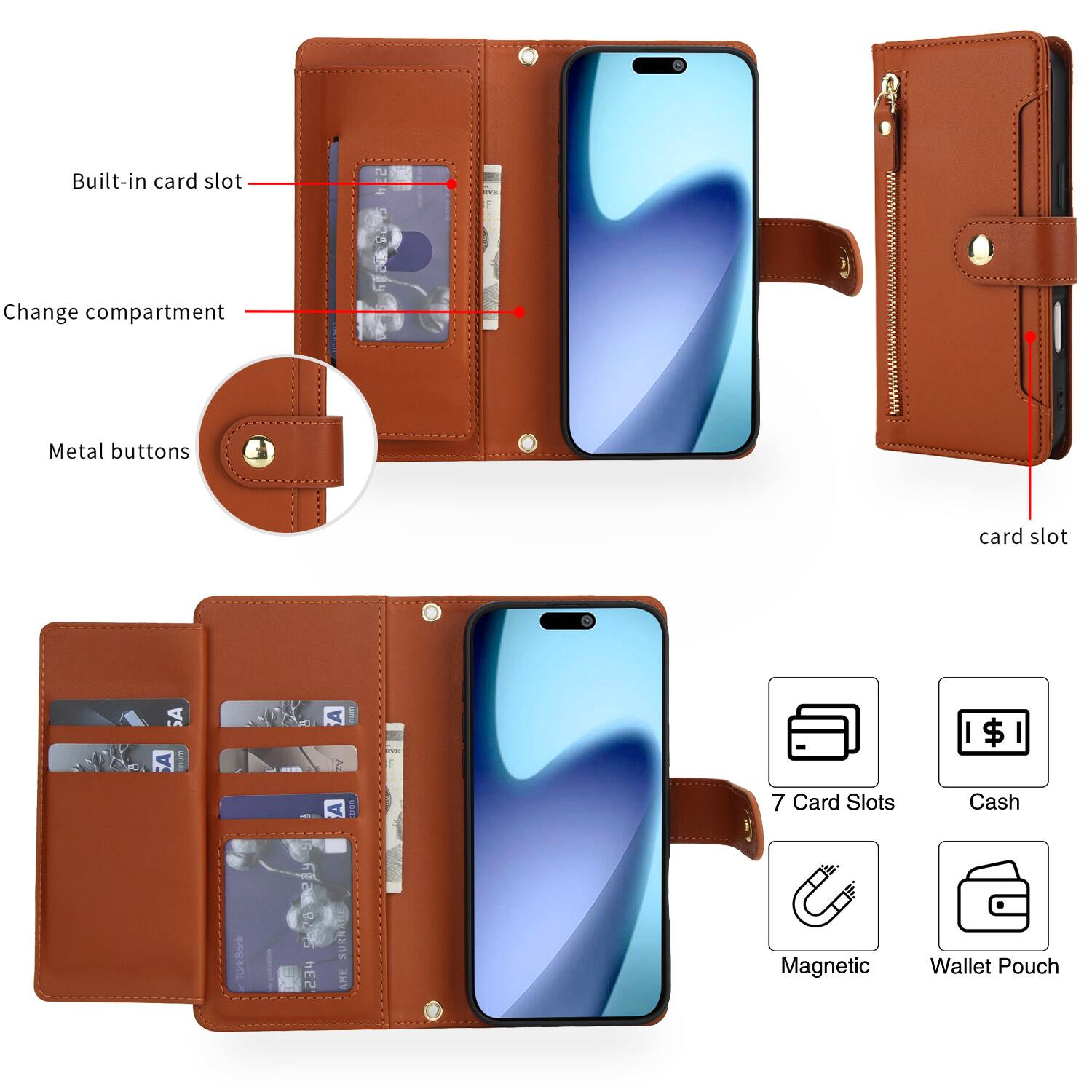 Built-in card slot  
Change compartment  
Metal buttons  

Card Slots  
Cash  
Magnetic  
Wallet Pouch  

7 Card Slots